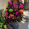Women's Casual Fashion Long Sleeve Ribbed Top Halloween Print Round Neck Slim Fit Stretchy Knit Shirt