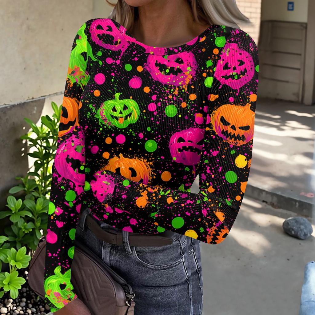 Women's Casual Fashion Long Sleeve Ribbed Top Halloween Print Round Neck Slim Fit Stretchy Knit Shirt