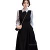 Conjunto de Vestido Camisa Largo de Algodón Azul Marino y Negro para Mujer Estilo Hepburn Francés Otoño
