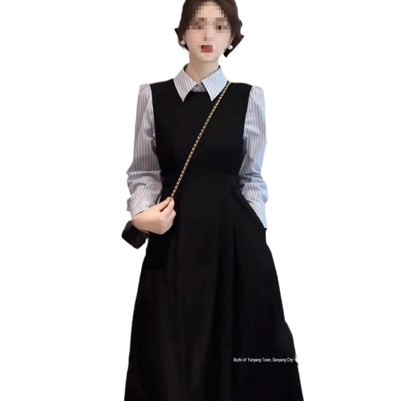 Conjunto de Vestido Camisa Largo de Algodón Azul Marino y Negro para Mujer Estilo Hepburn Francés Otoño