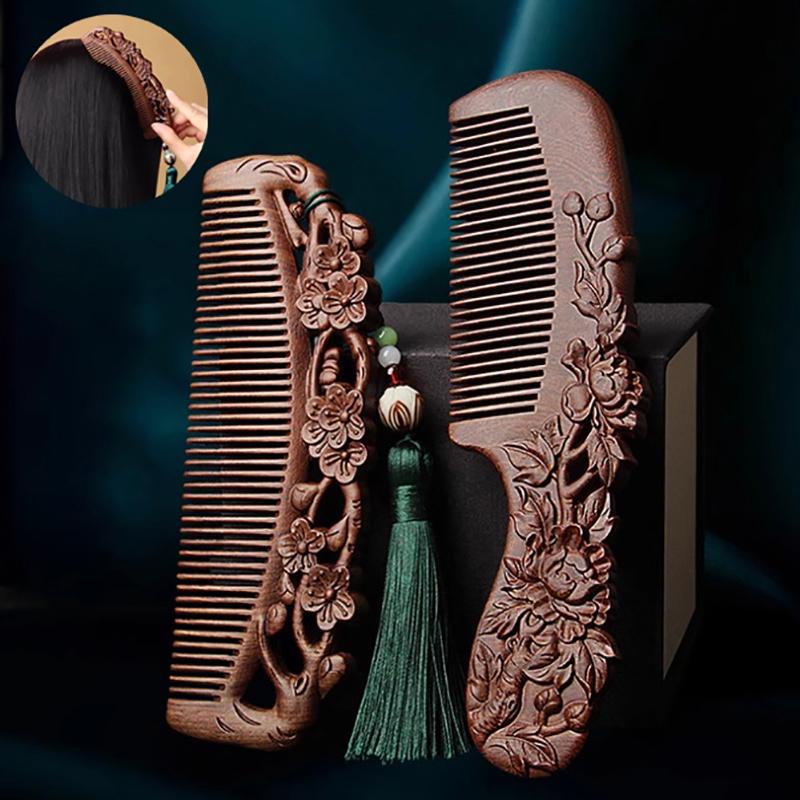 Naturlige sandeltrekammer Massivt tre Utsøkt utskjæring Lotus-kam Antistatisk skjeggkam Håndverk Hårstyling Gave's gave
