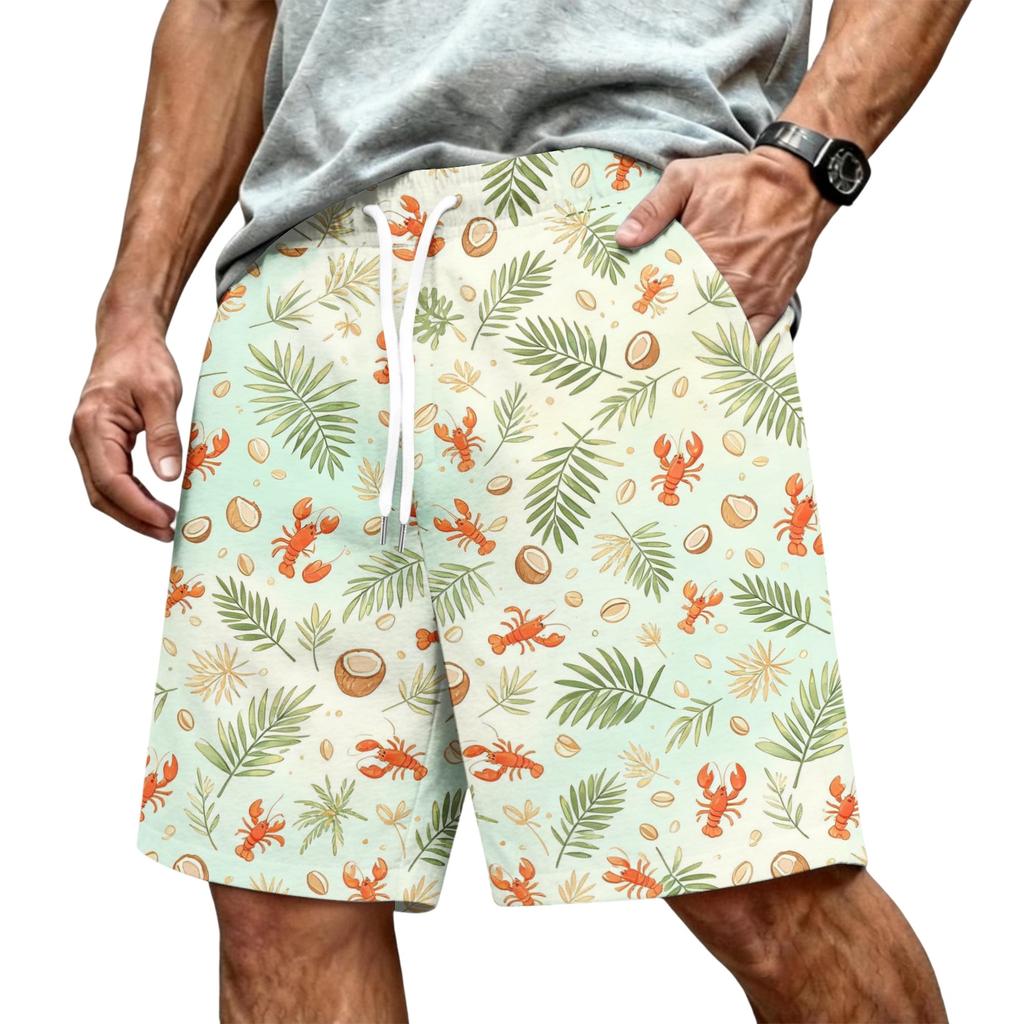 Men's Hawaiian Print Mesh Shorts with Drawstring Elastic Waist for Summer Beach and Casual Wear