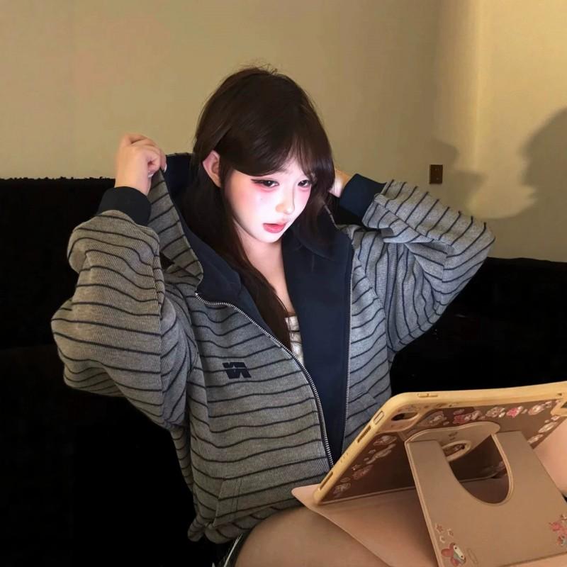 Womens Striped Color Block Zip Up Hoodie Loose Fit Casual Fall Sweatshirt