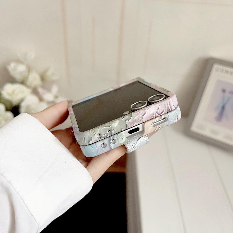 Embossed Watercolor Flower Samsung Z Flip6/5/7 Case with Anti-Lost Wrist Strap