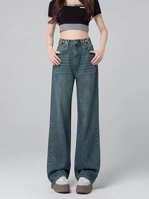 Women's High-Waisted Wide-Leg Light Jeans - Spring/Autumn 2024, Loose, Slimming, Straight, Floor-Length.