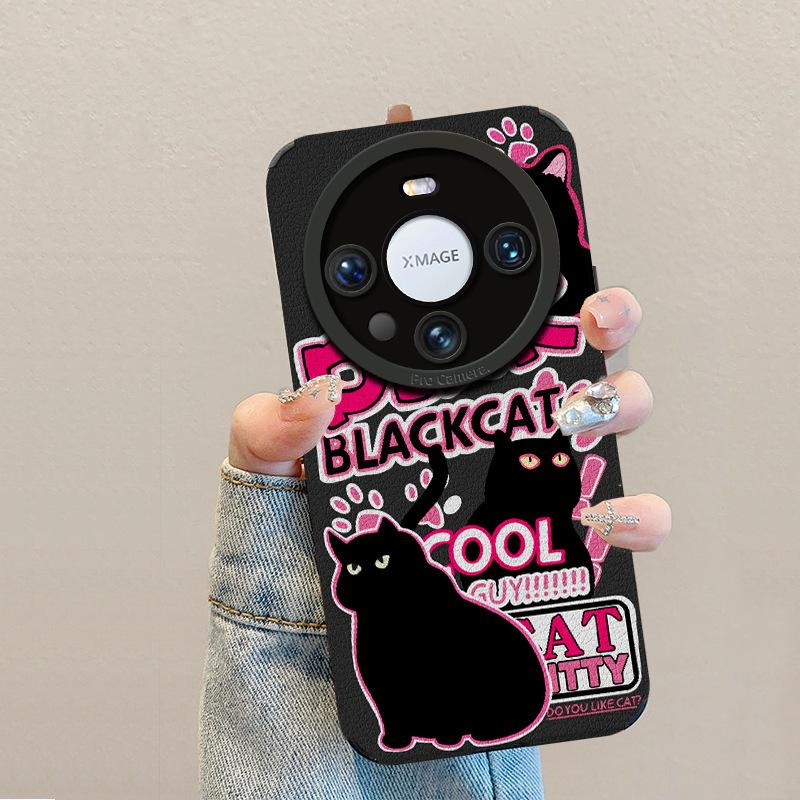 Trendy brand black cat is suitable for Huawei mate60pro mobile phone case lambskin p70 retro 50/40 premium glory 200.