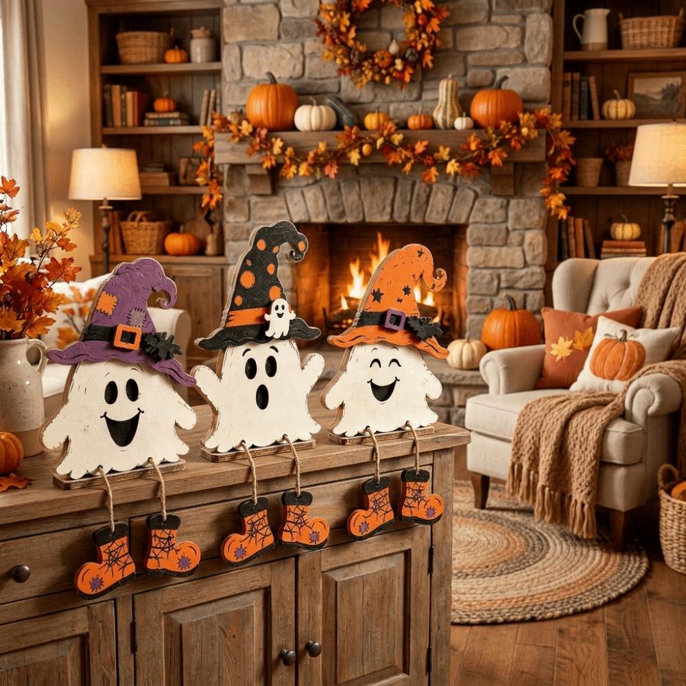 Rustic Halloween Ghost Standing Signs Decorative 2D Flat Ghost Sign for Living Room