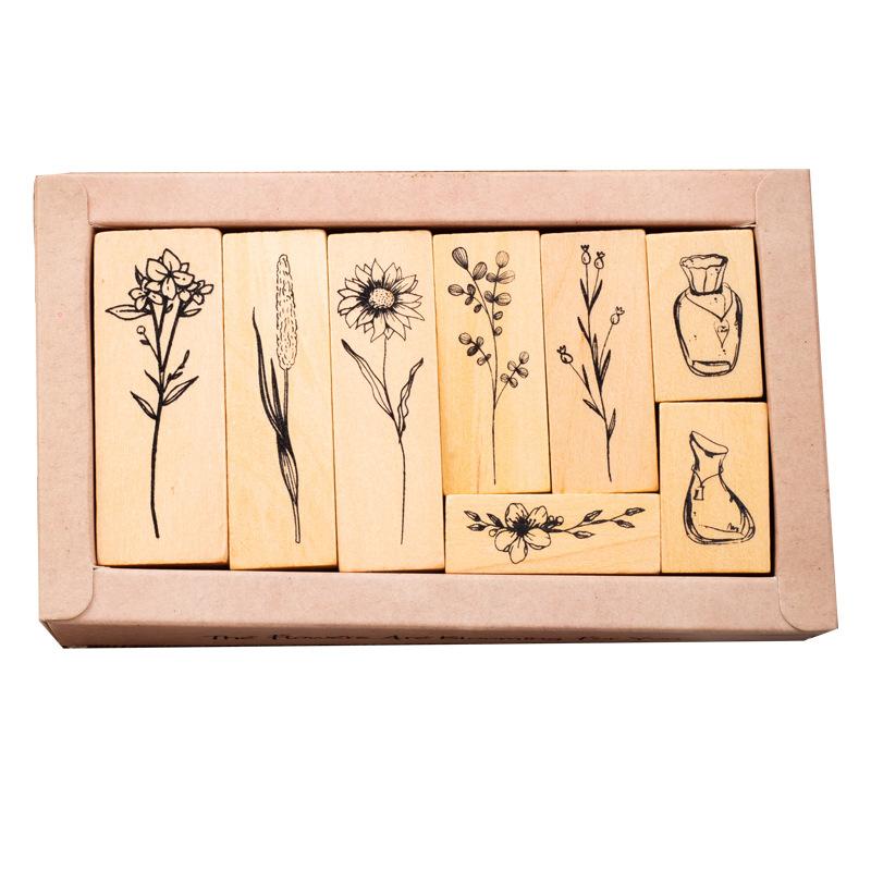 

Retro Lotus Wood Combination Set Seal Plant Vase Handbook DIY Photo Album Diary Decorative Stamp 2 Options