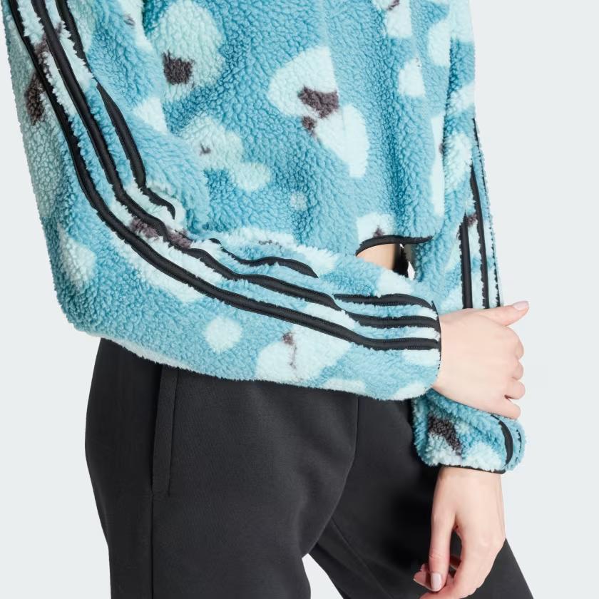 adidas Essentials 3-Stripes Animal Print High Pile Cropped Half-Zip Long Sleeve Sweatshirt Women Tops Blue IY0148