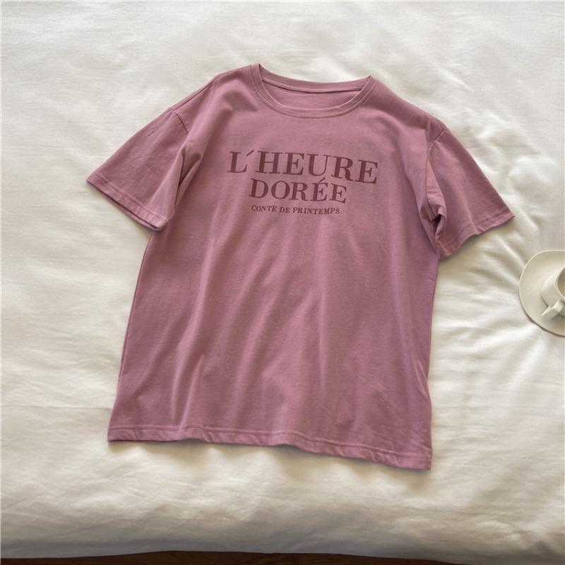 Pink Short Sleeve T-shirt Women's Loose Casual Round Neck Letter Print Thin Large Size Summer Top
