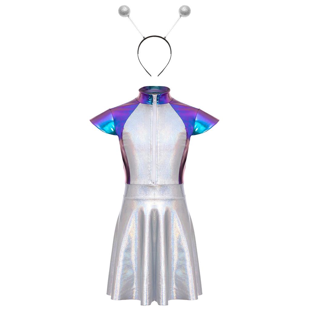 Girls Alien Costume Set Cap Sleeves High Waist Design A-Line Dress Outer Space Cutie Outfit Hair Hoop Included