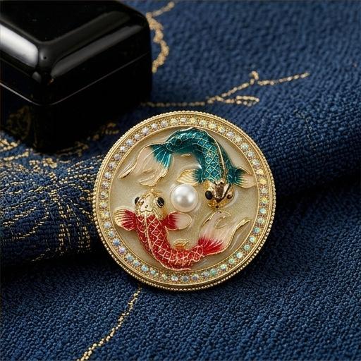 Twin Fish Enamel Brooch - Retro Pearl Set with Diamonds - Elegant Fashion Accessory - Brooch for Clothing