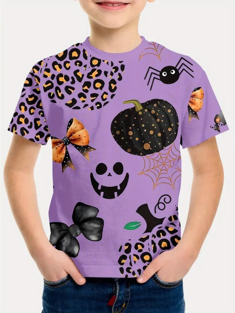 Halloween Printed T-Shirts Casual Round Neck Short-Sleeved Tops Summerand Children's Boys and Girls Fashion 3D Print Clothing