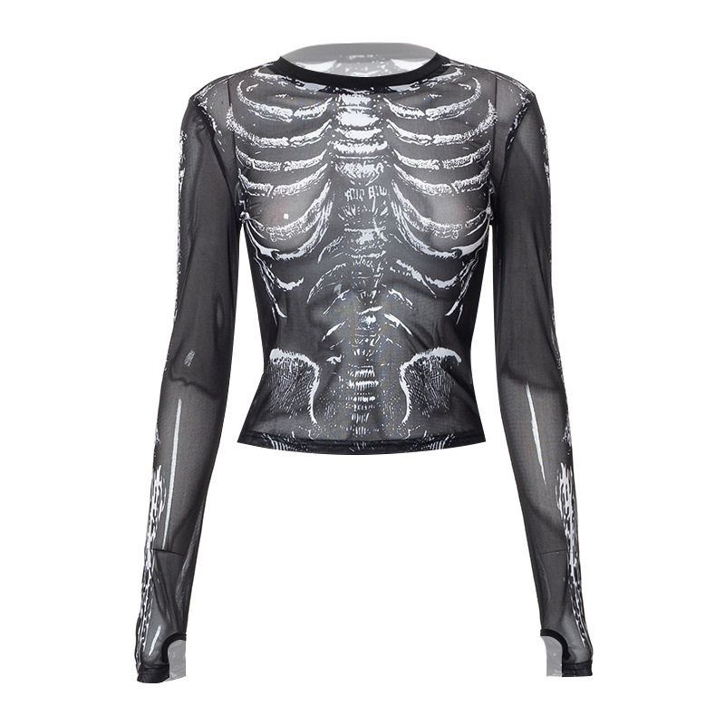 

W184Tp European and American Hot Girl Style 2024 New Round Neck Pullover Long Sleeve Mesh Skull Print Casual Women s T-Shirt Top Black W184Tp S