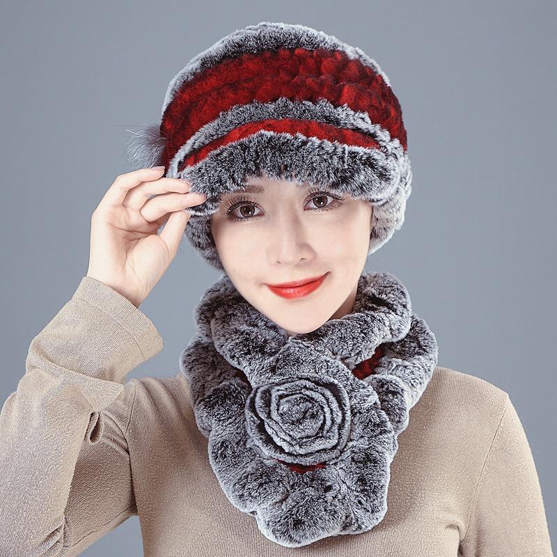 New Rex rabbit hair hat women's autumn and winter ear protection fur woven real hair medium and old thickened versatile scarf set