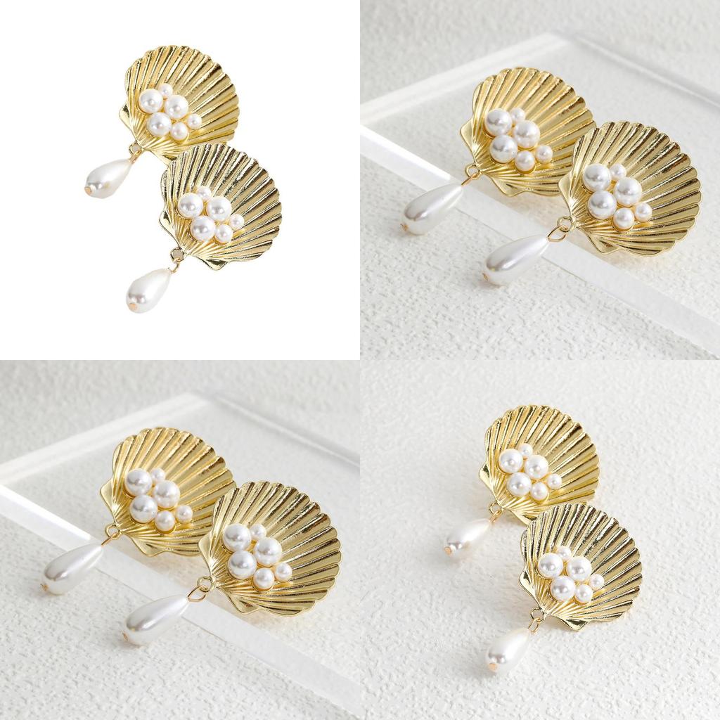 Trendy European American Natural Shell Pearl Earrings Chic Geometric Design Stylish Gold Alloy Jewelry