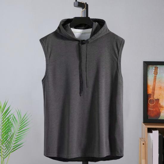 Men Summer Vest Hooded Drawstring Solid Color Loose Pullover Sports Soft Sleeveless Summer Tank Top Male Clothes