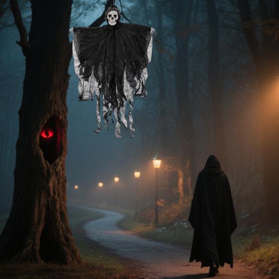 Halloween Hengende Skalle Spøkelse Skummel Grim Reaper Skjelettdekorasjon for Utegård Veranda Spøkelseshus Festdekor