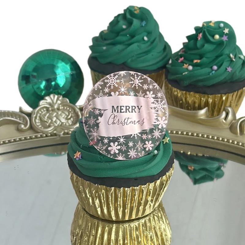 10pcs Round Merry Christmas Plastic Cupcake Toppers Rose Gold Color Snowflake Elk Cake Party Decorating Tool Christmas Ornament