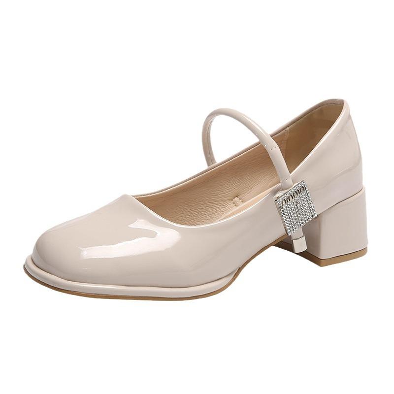 2025 spring and autumn new one-word with rhinestone thick heel Mary Jane single shoes women's versatile high-heeled single shoes trend