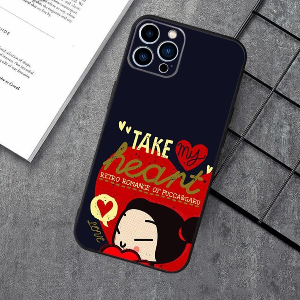 Cute Cartoon Pucca Garu Phone Case For Apple iPhone 15,14,13,12,11,XS,XR,X,8,7,Pro,Max,Plus,mini Silicone Black Cover