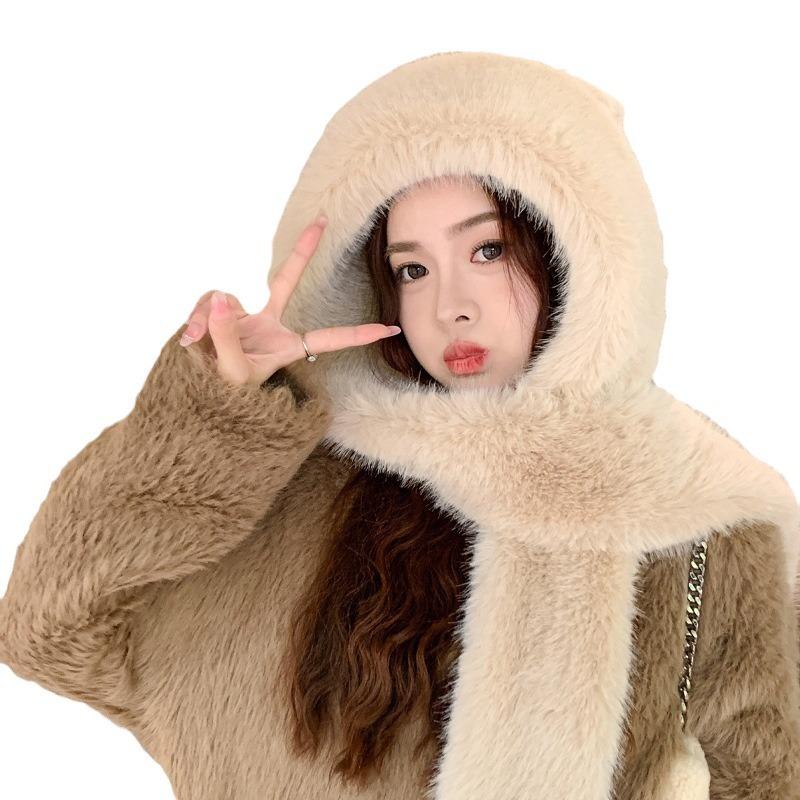 Plüschige warme Bärenmütze, Schal, einteiliges Set, winddichte Fahrradmütze mit Gehörschutz, verdickt und vielseitig im Winter