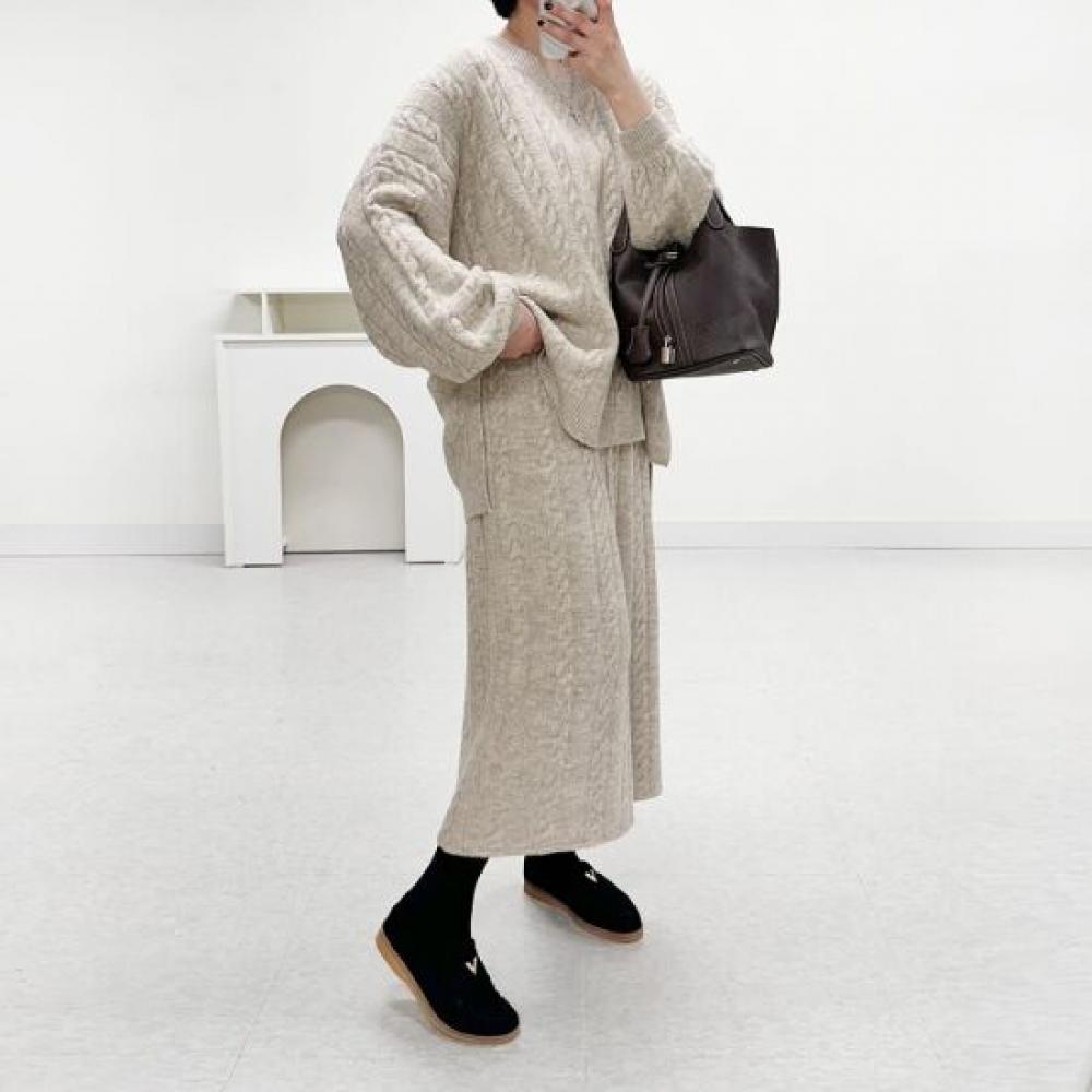 Mizqz Round Neck Cable Knit Skirt Set 5588