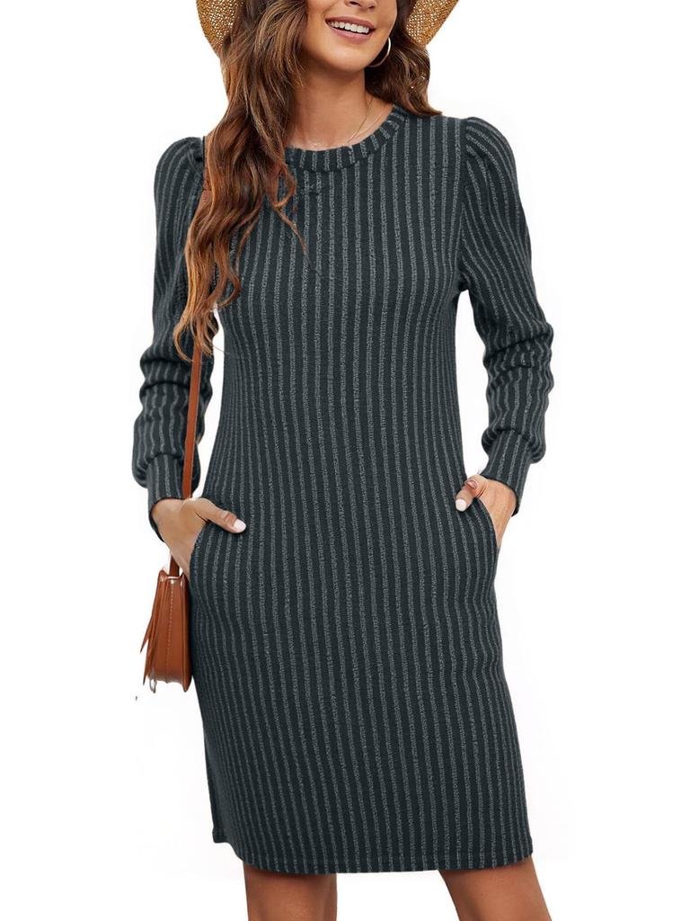 European & American Fashion Knitted Puff Sleeve Dress - Women's Autumn/Winter Casual Loose Fit with Pockets