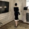 French Royal Sister Hepburn Black Dress Women's Autumn Velvet Small Black Dress Advanced Sense Slim Little Mom Hip Wrap Long Dress