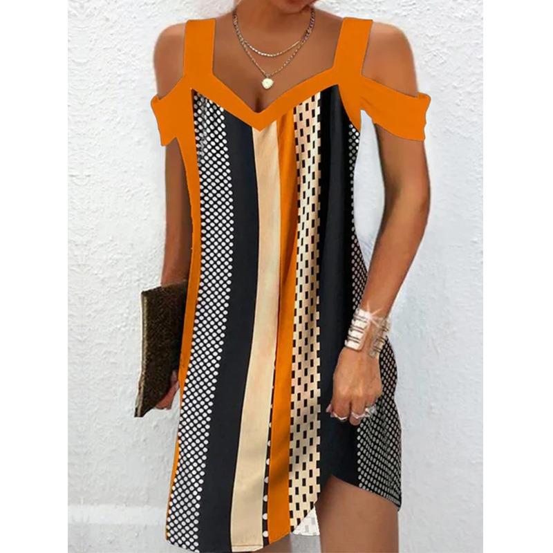 QICED Fashion Summer Spring V-Neck Short Sleeve  Casual Dresses