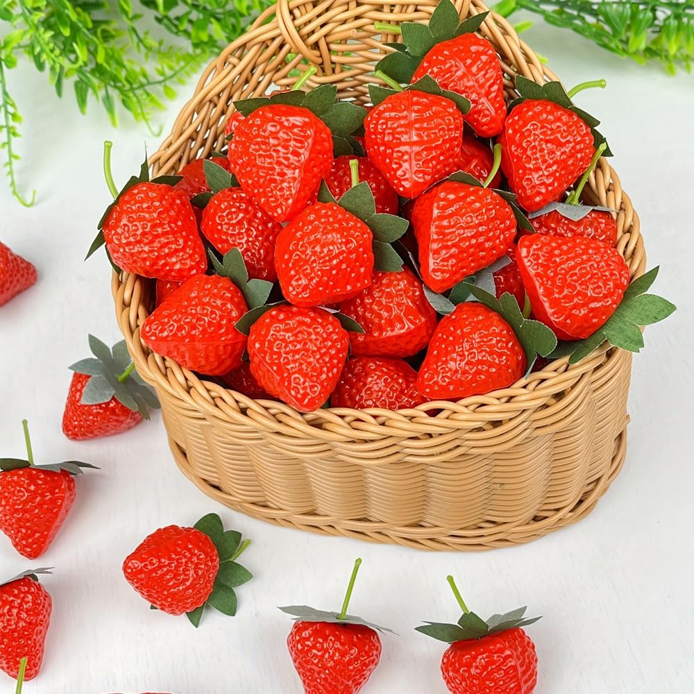 20 Strawberry Food Sample Models with Perfect for Cake Shop and Fruit Shop Displays Stems,