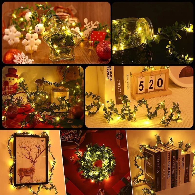 Christmas Decoration Artificial Garland LED String Lights Simulated Green Leaf Tree Vines Suitable for Holiday DIY Handmade Decoration Battery Powered