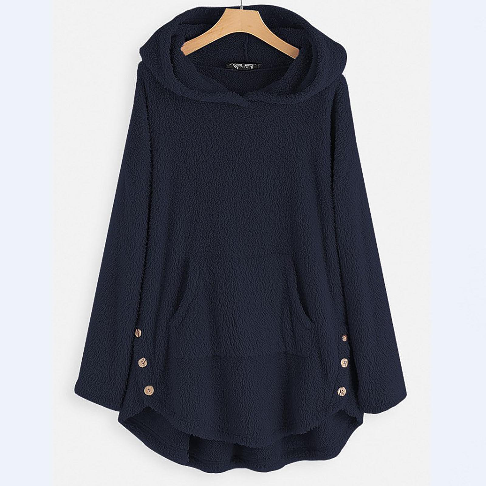 Женская мода осенне-зимний однотонный флисовый свитер с длинным рукавом и капюшоном XXXXL — фото 8