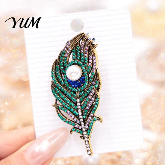 Retro Feather Jewelry Vintage Peacock Brooch, Faux Pearl Rhinstone Lapel Alloy Pin Pin, Clothing Accessories for Wedding Party Prom Metal