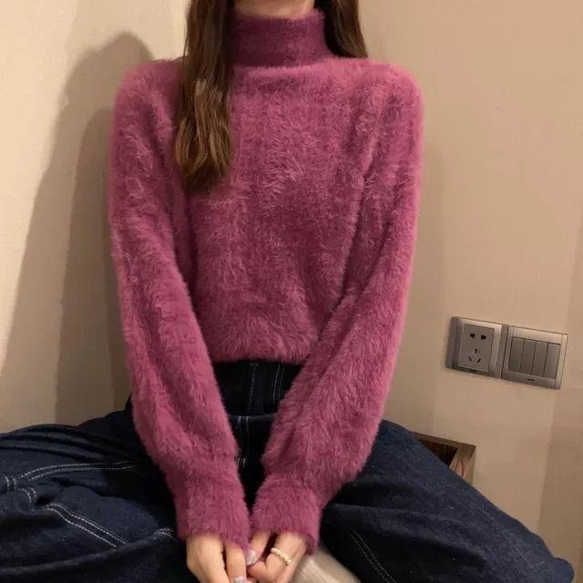 Winter Imitat Nerzwolle Fleecefutter Damen Rollkragen Elastischer Lässiger Pullover Damen Stricktops Pullover Weich Warm