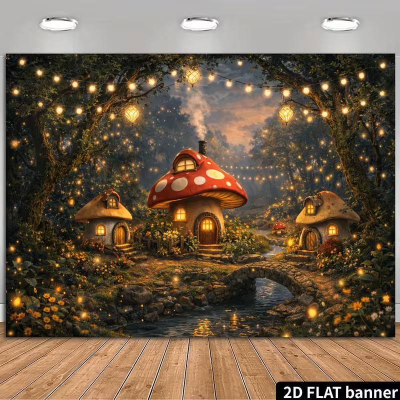 2D Whimsical Toadstool Houses Backdrop with Twinkling Lights Background 47.2x31.5inch/120*80cm
