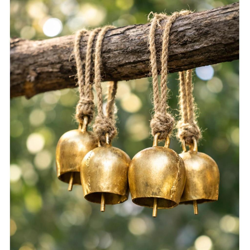 Rustic Brass Finish Hanging Bells Pack of 10 | Vintage Mini Bells with Rope for Home Decor,