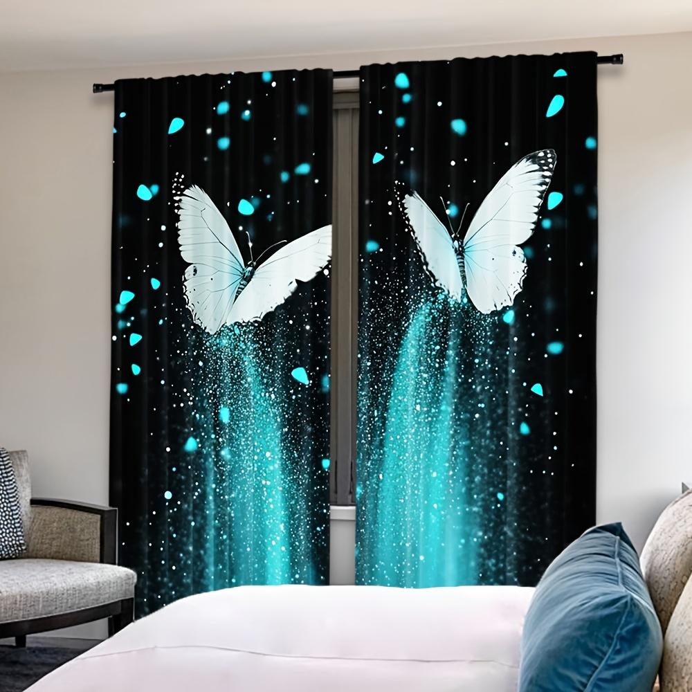 Set Of 2 Digital Printed Retro Blue Luminous Butterfly Living Room Curtain Furniture Bohemian Curtains Made Polyester Sitting Window Treatment