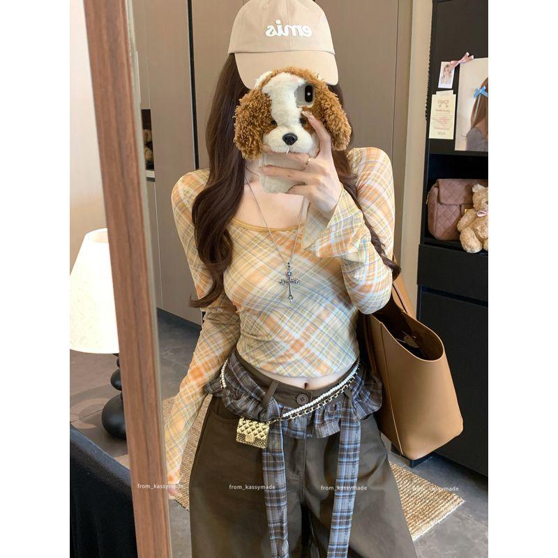 Sexy Contrast Color Check U-Neck Long-Sleeved T-shirt Women's Autumn Not To Tight Waist Silm Bottoming Shirt Short Inner Wear Small Top