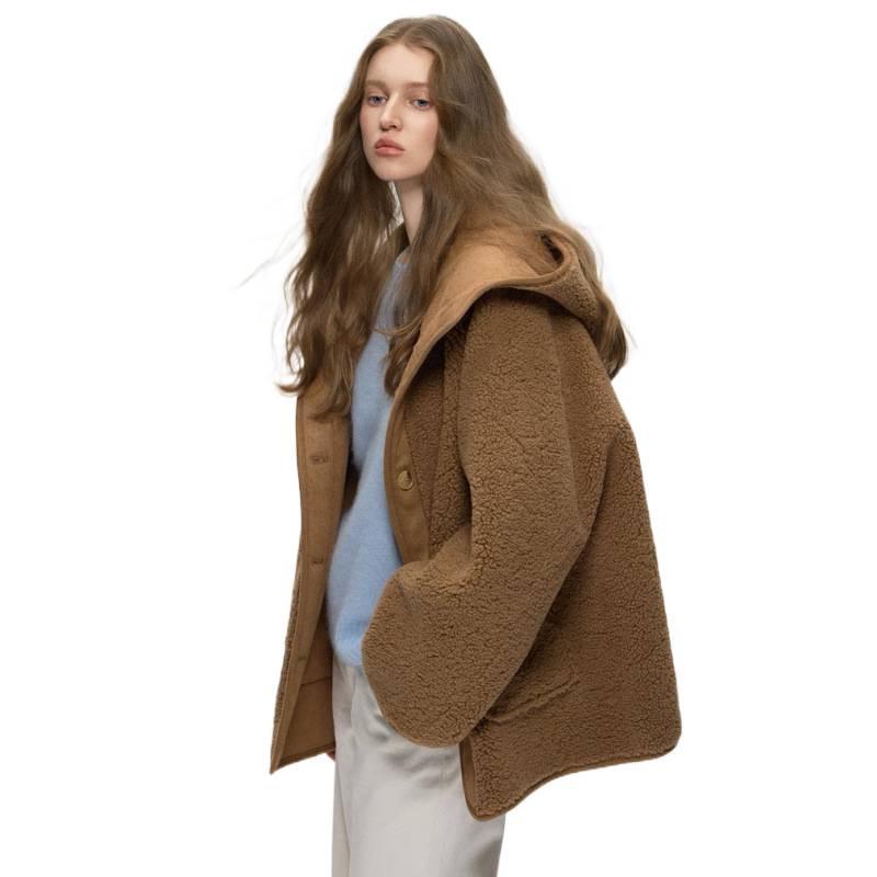 2025 Fall/Winter Women's Hooded Lambswool Fur Coat - Thickened Texture & Button-Up Design