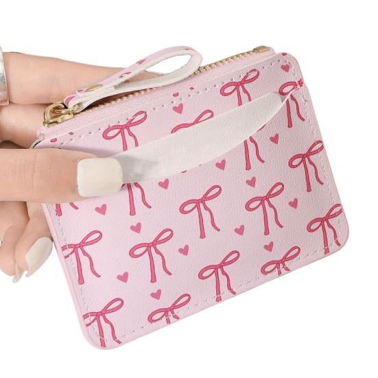 Damen Kartenhalter Faux Leder Geldbörse mit mehreren Kartenschlitzen Reißverschlusstasche Herz Schleife Muster Kartenetui für Mädchen