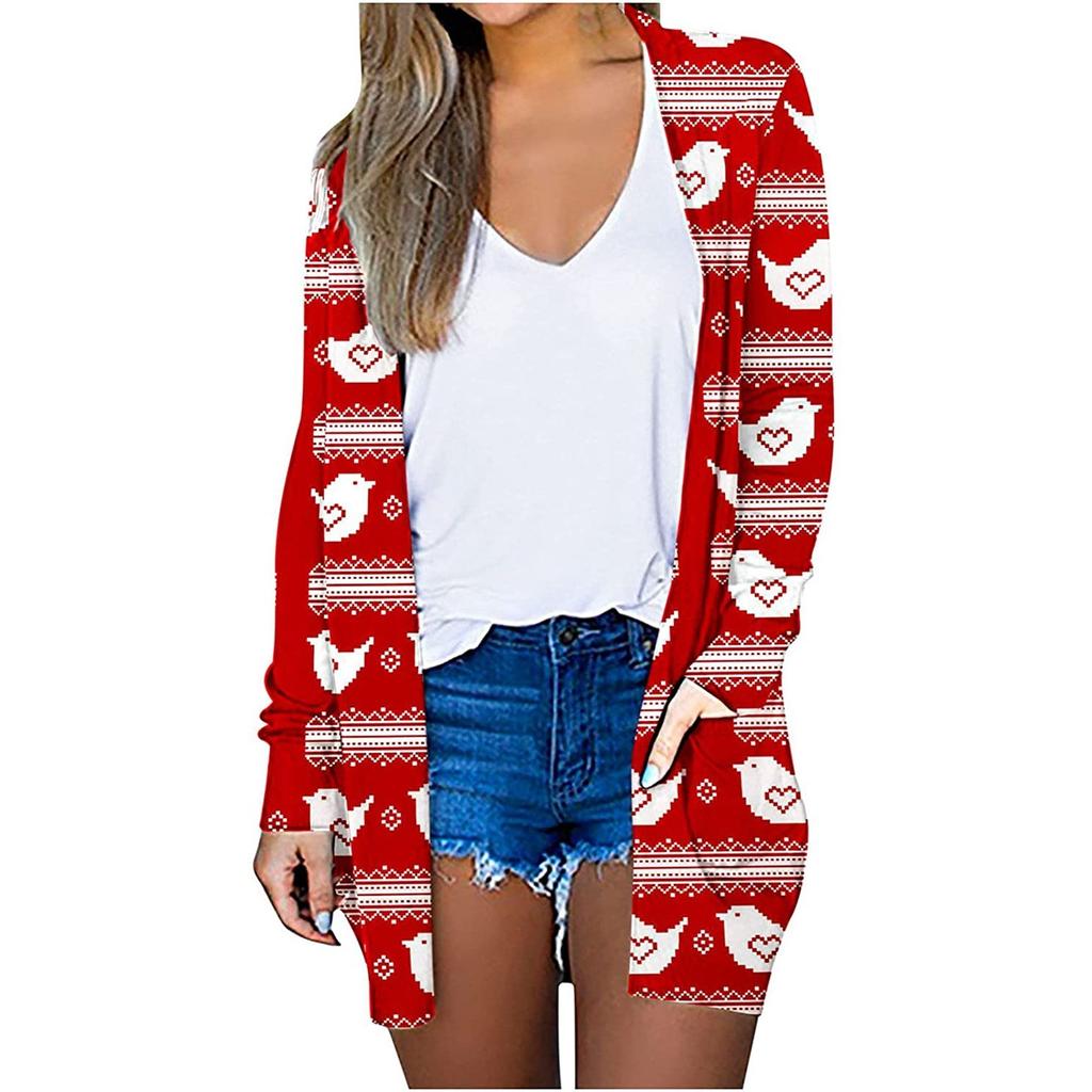Women's Christmas Long Sleeve Front Cardigan Printed Top Lightweight Jacket