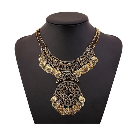 Women's Boho Ethnic Vintage Double Chain Coin Flower Statement Necklace Jewelry