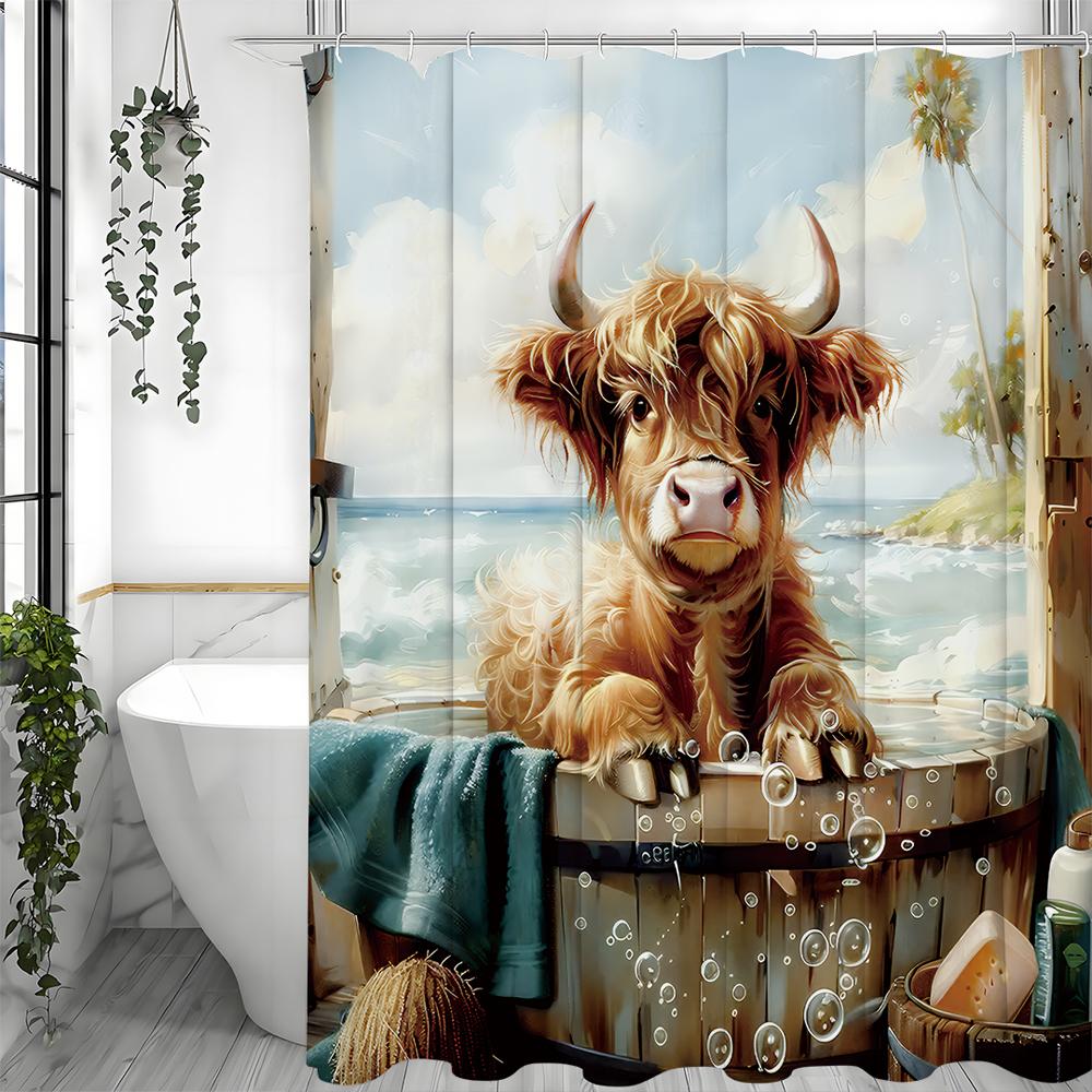 Calf Wooden Basin In Bathtub Blue Towel Ocean Sky Shower Curtain, Bathroom Decorative Shower Curtain, Waterproof Shower Curtain