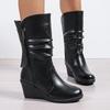 Fashion Black Wedge Heel Fleece-Lined Women's Half High Boots On Offer Comfortable and Elegant Goth Pu Cosplay Hot Ladies Mid Calf Shoes
