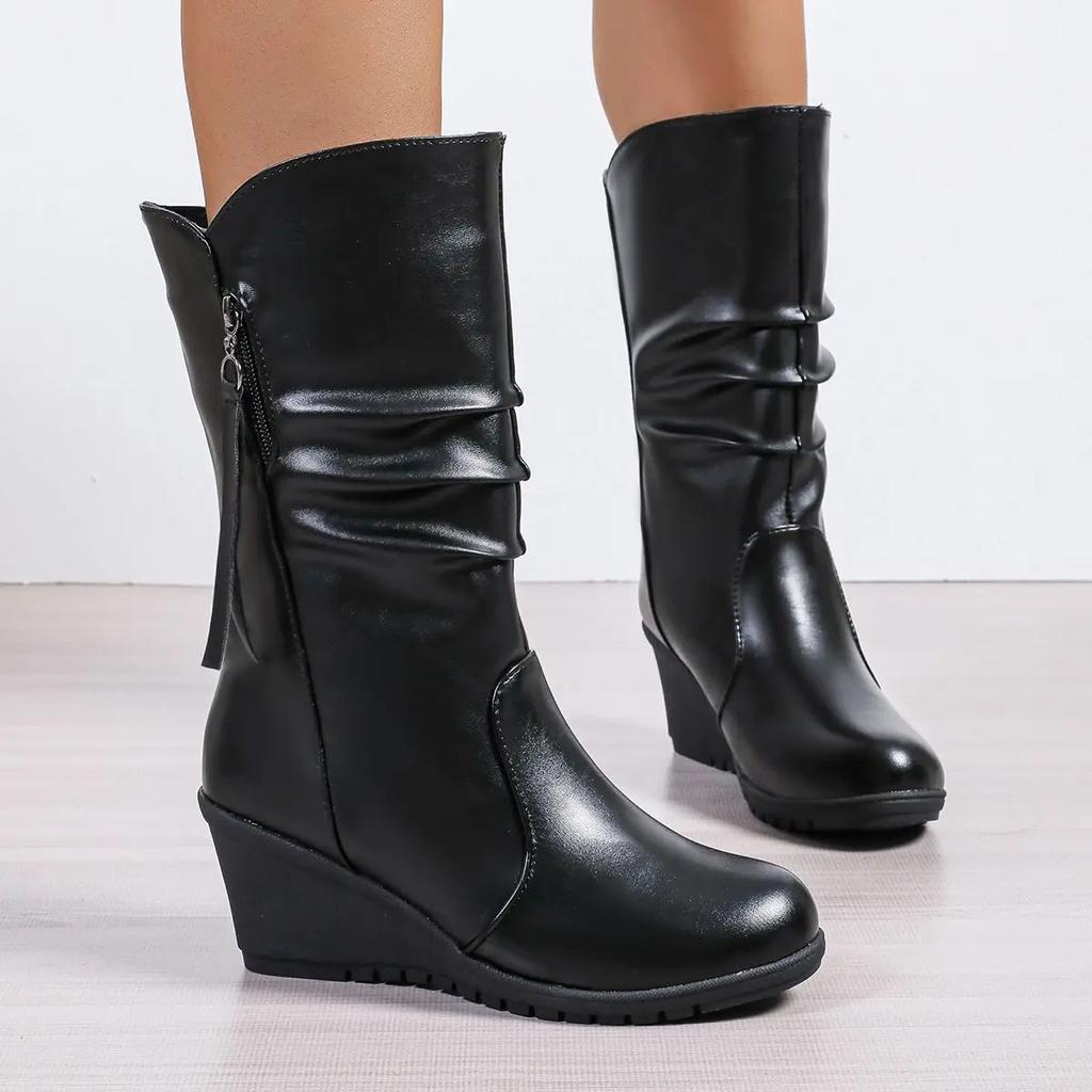 Fashion Black Wedge Heel Fleece-Lined Women's Half High Boots On Offer Comfortable and Elegant Goth Pu Cosplay Hot Ladies Mid Calf Shoes
