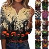 Women's Casual Halloween Print V Neck Button Three Quarter Sleeve T Shirt Top Lightweight Soft Fabric Comfortable Fit