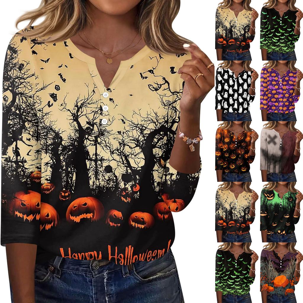 Women's Casual Halloween Print V Neck Button Three Quarter Sleeve T Shirt Top Lightweight Soft Fabric Comfortable Fit