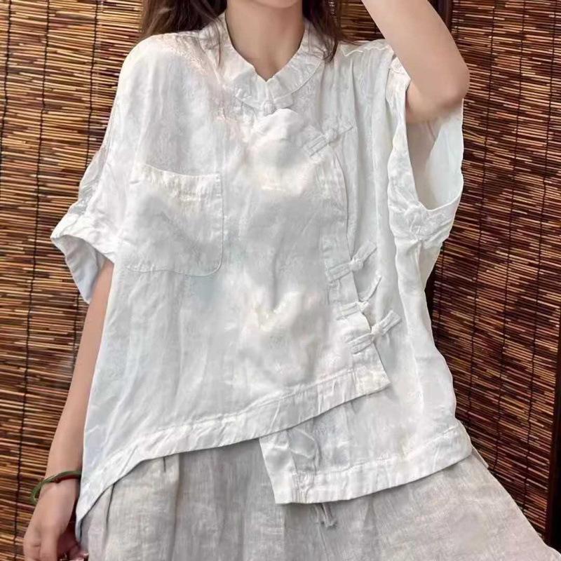 Women s Retro Chinese Frog Button Ramie Top XL