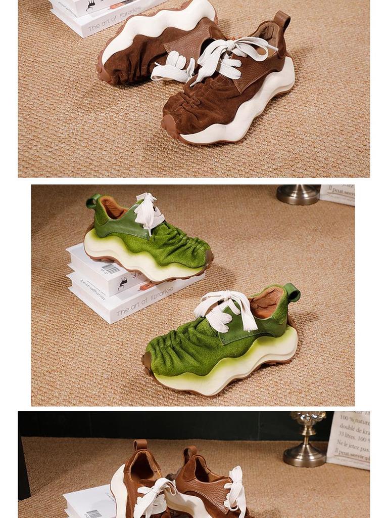 2025 Autumn Women's Trendy Cowhide Sporty Lace-up Sneakers – Breathable, Thick Sole, Casual Design for All Seasons